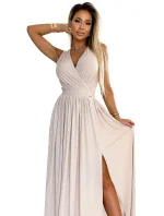 Dlouhé béžové dámské šaty s výstřihem a zavazováním na zádech model 20173916 - numoco Dlouhé béžové dámské šaty s výstřihem a zavazováním na zádech model 20173916 - numoco