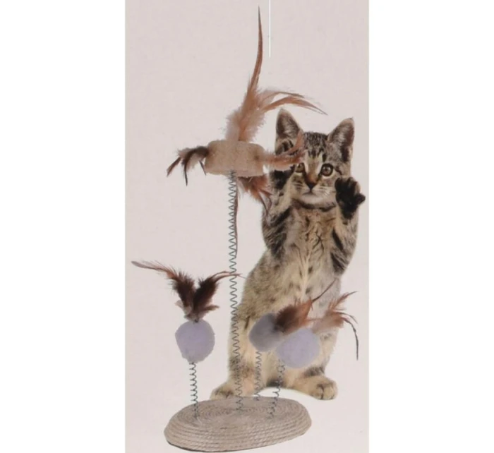 KOČIČÍ HRAČKA PEŘÍ NA PRUŽINÁCH NA ŠKRABADLE 14X33CM