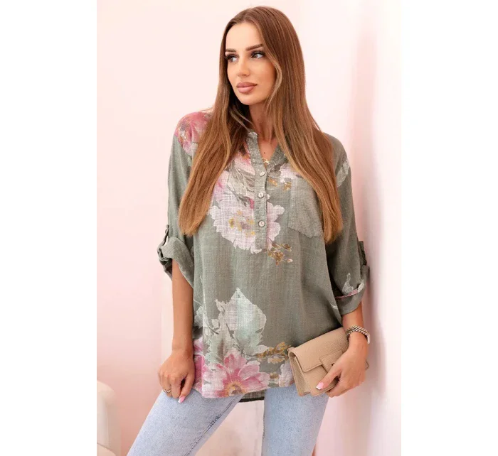 Dámská blůza z bavlny s květinovým vzorem a knoflíky khaki