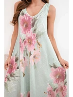 Dámské bavlněné oversize šaty s výstřihem do V a květinovým potiskem tmavě mátové