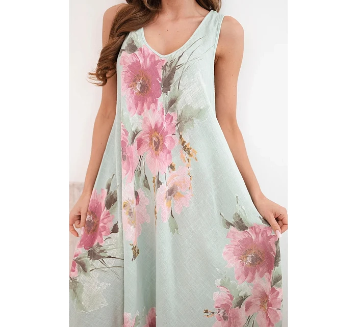 Dámské bavlněné oversize šaty s výstřihem do V a květinovým potiskem tmavě mátové