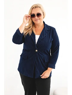 Dámské sako Plus Size manšestrové s klopami a kapsami modrá