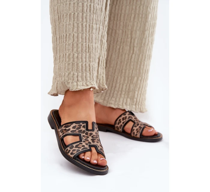 Kožené Ploché Pantofle S Panteřím Vzorem Zazoo 40383 Černé