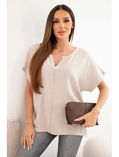 Dámská bavlněná oversize halenka s výstřihem do V a s krajkou béžová