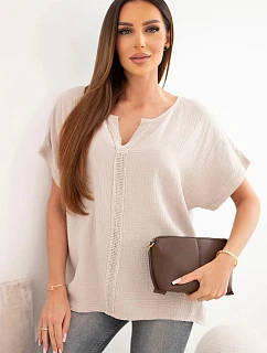 Dámská bavlněná oversize halenka s výstřihem do V a s krajkou béžová