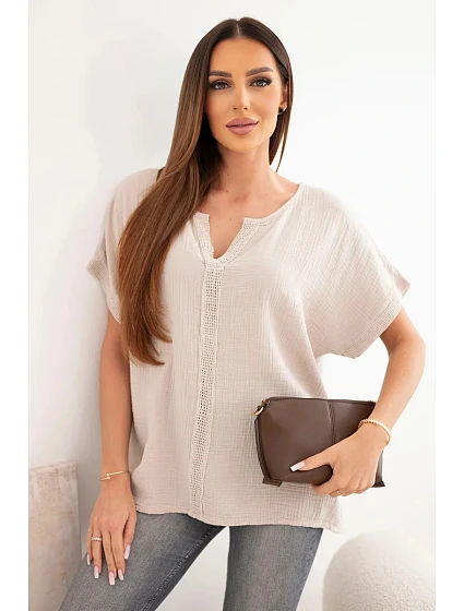 Dámská bavlněná oversize halenka s výstřihem do V a s krajkou béžová