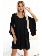 Elegantní trapézové šaty s rukávy černé s brokátem model 21097874 - numoco