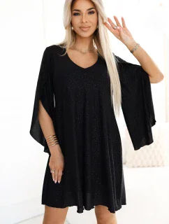 Elegantní trapézové šaty s rukávy černé s brokátem model 21097874 - numoco