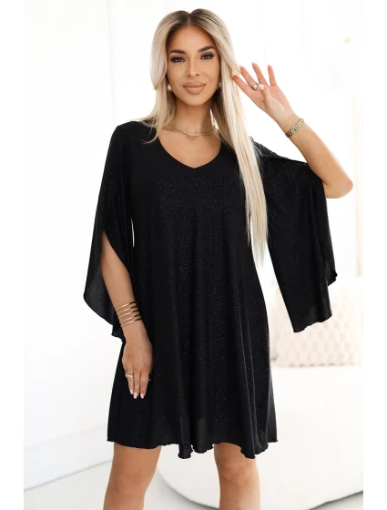 Elegantní trapézové šaty s rukávy černé s brokátem model 21097874 - numoco
