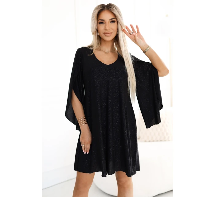 Elegantní trapézové šaty s rukávy černé s brokátem model 21097874 - numoco