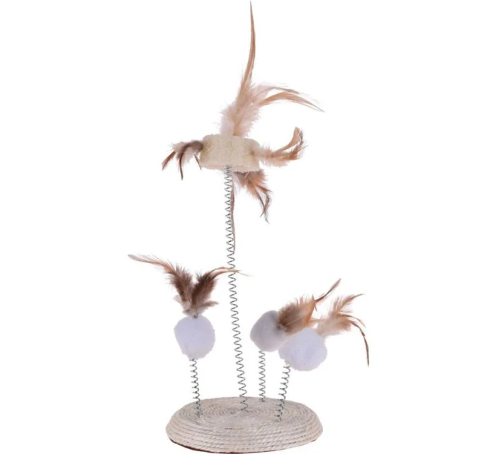 KOČIČÍ HRAČKA PEŘÍ NA PRUŽINÁCH NA ŠKRABADLE 14X33CM