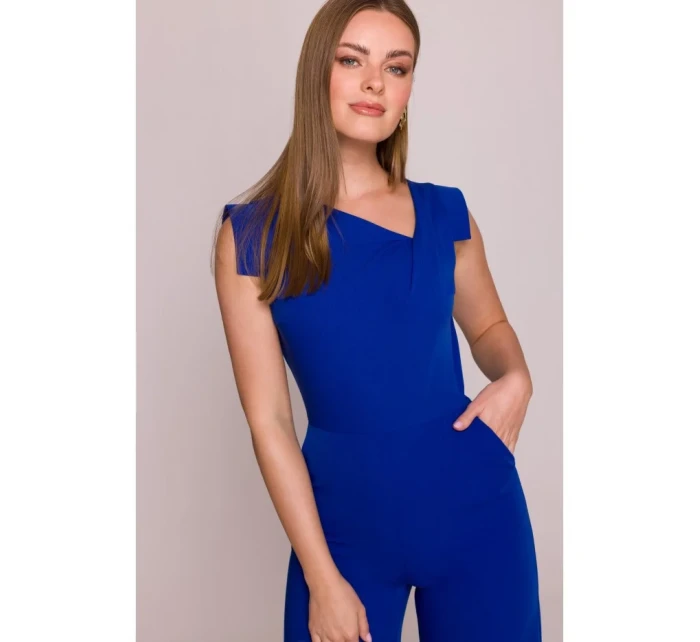 S407 Elegantní overal s asymetrickým výstřihem - královská modř