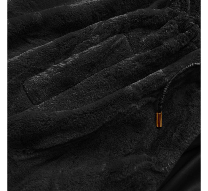 Černá kožešinová bunda s kapucí (B8049-1)