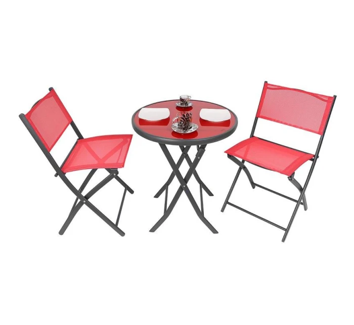 SADA BALKONOVÉHO NÁBYTKU KULATÝ STŮL A 2 SKLÁDACÍ ŽIDLE ČERVENÁ