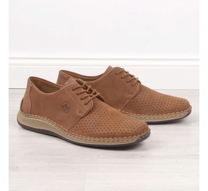 Kožené polobotky Rieker M RKR528 hnědé s ažurovým vzorem