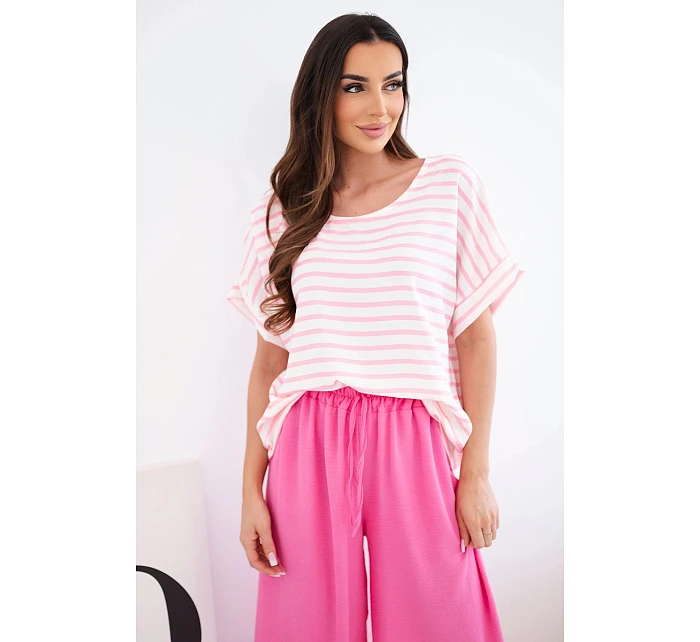 Dámský viskózový komplet s model 22040144 halenkou a širokými kalhotami s gumou růžový - K-Fashion