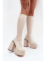 Dámské kozačky na sloupku a platformě Yavira – světle béžové