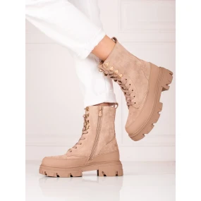 Klasické  kotníčkové boty hnědé dámské na plochém podpatku