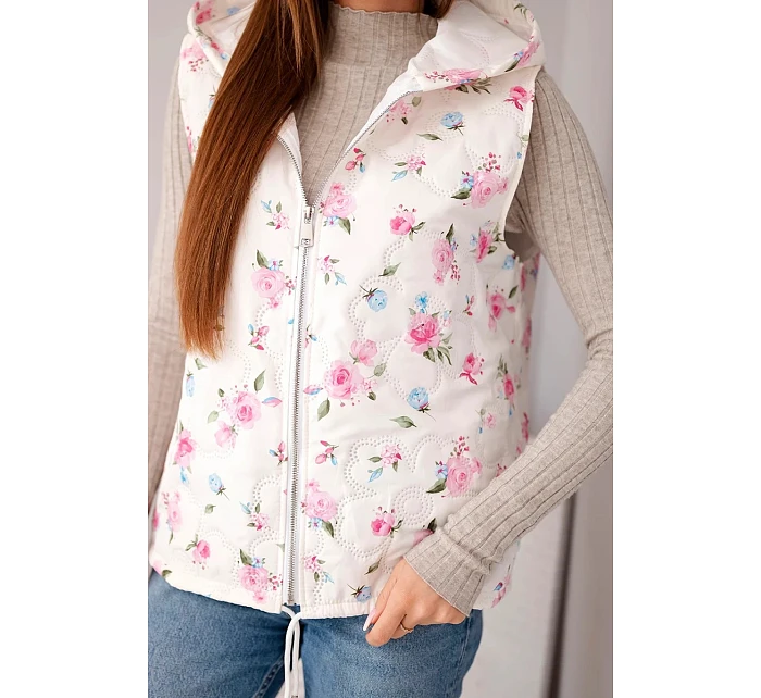 Dámská prošívaná vesta s květinami a kapucí růžová