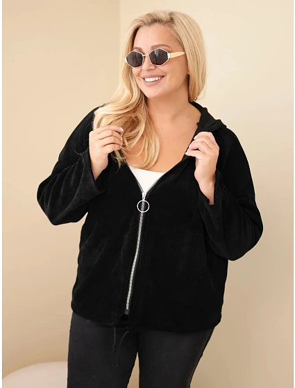 Dámská mikina Plus Size manšestrová s kapucí a zipem oversize černá Dámská mikina Plus Size manšestrová s kapucí a zipem oversize černá