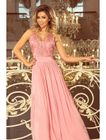 Dlouhé dámské šaty v pudrově růžové barvě bez rukávů a s vyšívaným výstřihem LEA 215-3