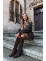 Semišové Kozačky Na Podpatku Zip Čokoládové model 21705071 - Boto