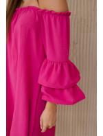Španělské šaty s volánky na rukávu fuchsiové barvy