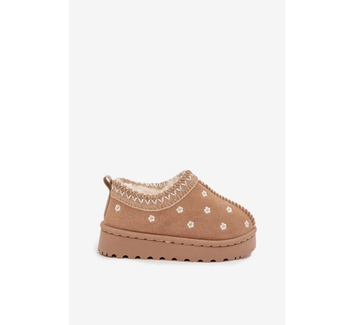 Dětské sněhule s květinami, zateplené kožíškem Palina – béžové