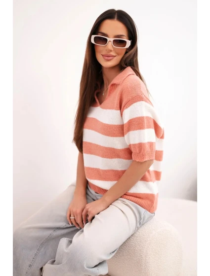 Dámský svetr s límečkem a krátkým rukávem pruhovaný rudy Dámský svetr s límečkem a krátkým rukávem pruhovaný rudy
