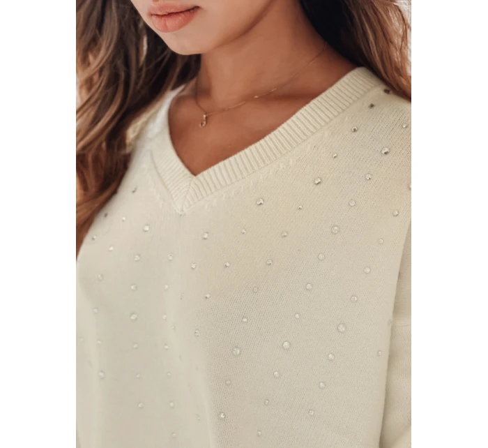 Dámský svetr s výstřihem do V VERALIA ecru FashionStreet MY2517 Dámský svetr s výstřihem do V VERALIA ecru FashionStreet MY2517