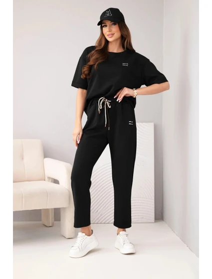 Komplet dámský viskózový máslo s krátkým rukávem a kalhotami s ohrnovanou nohavicí černý