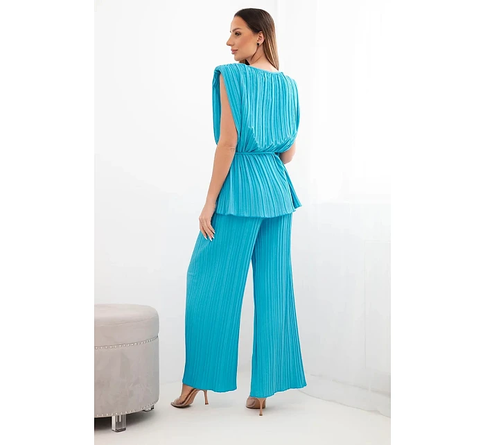 Dámský viskózový komplet se halenkou a širokými kalhotami tyrkysový model 22048847 - K-Fashion Dámský viskózový komplet se halenkou a širokými kalhotami tyrkysový model 22048847 - K-Fashion