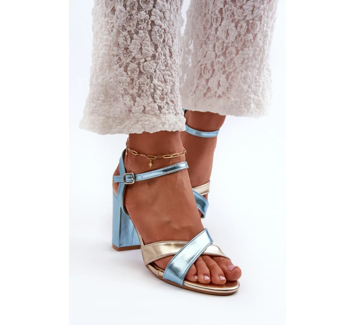 Eko Kožené Sandály Na Podpatku Modro-Zlaté Abilica Eko Kožené Sandály Na Podpatku Modro-Zlaté Abilica