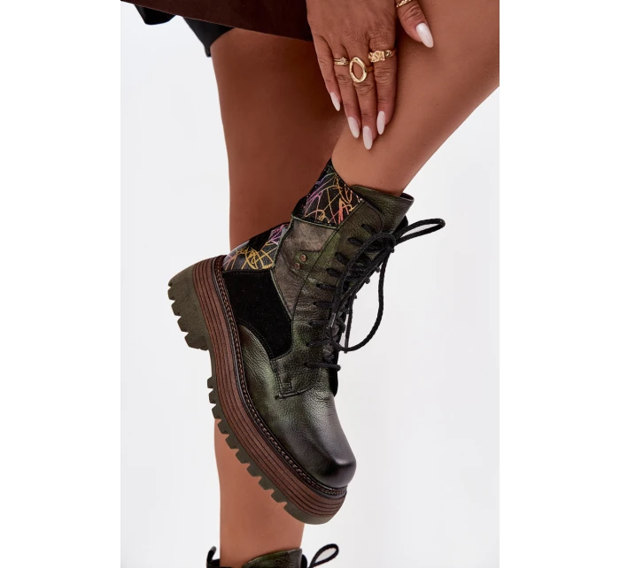 Kožené workery dámské na platformě model 21714249 tmavě zelené - Maciejka