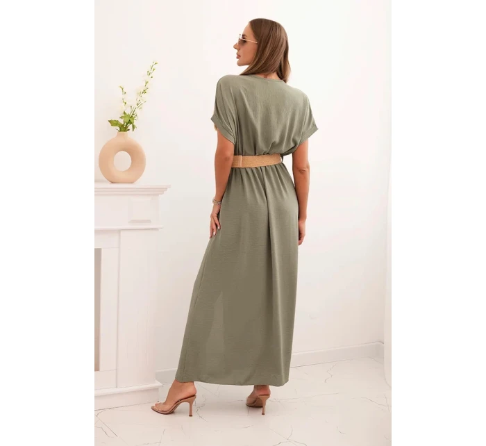 Dlouhá šaty s ozdobným pásem jasné khaki