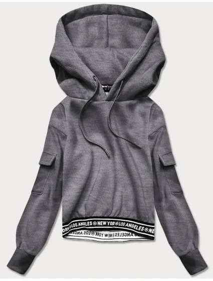 Krátká šedá dámská tepláková mikina se stahovacími lemy model 17202555 - J.STYLE Krátká šedá dámská tepláková mikina se stahovacími lemy model 17202555 - J.STYLE