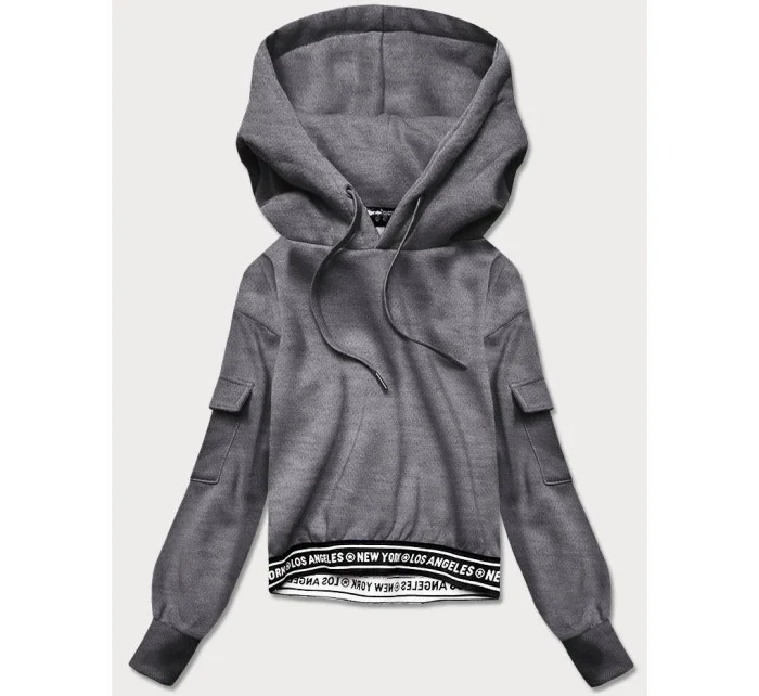 Krátká šedá dámská tepláková mikina se stahovacími lemy model 17202555 - J.STYLE Krátká šedá dámská tepláková mikina se stahovacími lemy model 17202555 - J.STYLE