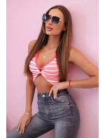 Top dámský pruhovaný s ozdobným zlatým detailem a hlubokým výstřihem růžový neon