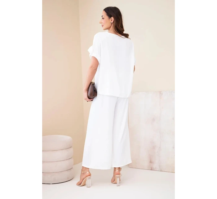 Dámský viskózový komplet s halenkou s potiskem a kalhotami bílý