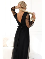 664-3 Dlouhé maxi šaty s tylovými rukávy a obálkovým výstřihem - černé 664-3 Dlouhé maxi šaty s tylovými rukávy a obálkovým výstřihem - černé