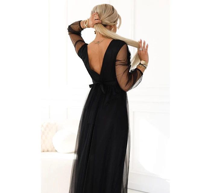 Dlouhé maxi šaty s rukávy a obálkovým výstřihem černé model 22045481 - numoco basic