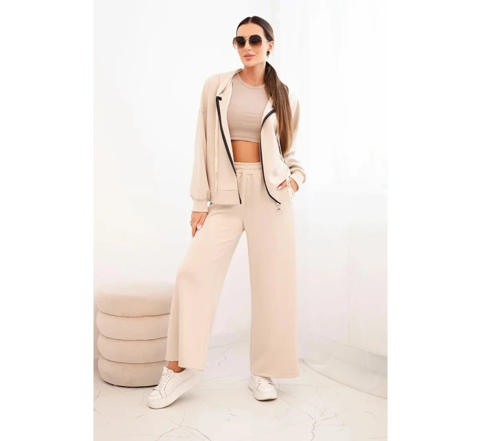 Dámský komplet máslový s širokými nohavicemi a mikinou na zip béžový Dámský komplet máslový s širokými nohavicemi a mikinou na zip béžový