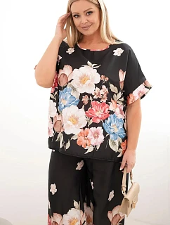 Dámský komplet Plus Size s halenkou a kalhotami s květinovým vzorem a širokými nohavicemi černý