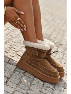 Semišové dámské zimní boty s ozdobnými prošitími Big Star SS274373 Camel