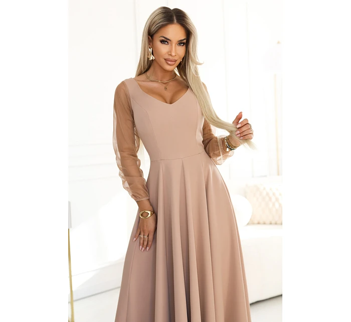 640-4 LORETTA jedinečné dlouhé šaty s tylovými rukávy a výstřihem - béžové 640-4 LORETTA jedinečné dlouhé šaty s tylovými rukávy a výstřihem - béžové