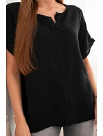 Dámská bavlněná oversize halenka s výstřihem do V a krajkou černá Dámská bavlněná oversize halenka s výstřihem do V a krajkou černá