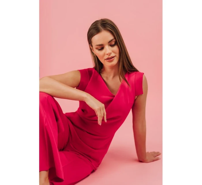 S407 Elegantní overal s asymetrickým výstřihem - růžový