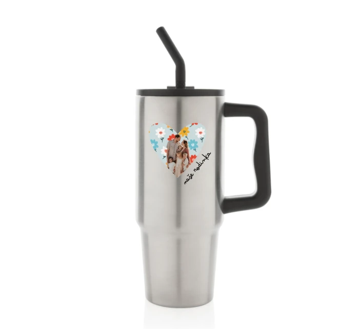 Personalizovaná termoska s barevným víčkem s výřezem fotky na podkladu