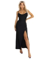 Dlouhé saténové šaty s rozparkem na nohou černé model 21484478 - numoco basic