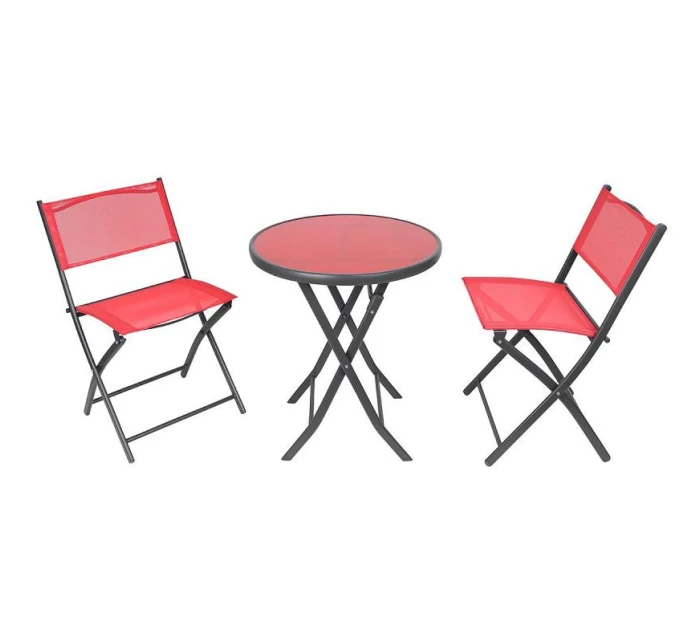 SADA BALKONOVÉHO NÁBYTKU KULATÝ STŮL A 2 SKLÁDACÍ ŽIDLE ČERVENÁ